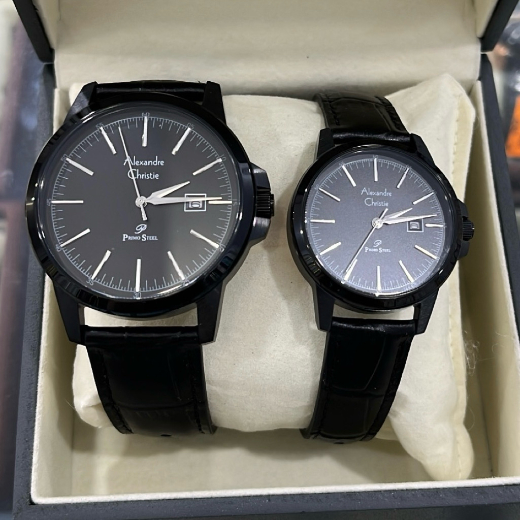 Jam Alexandre Christie AC 1008 Couple Hitam Kulit
