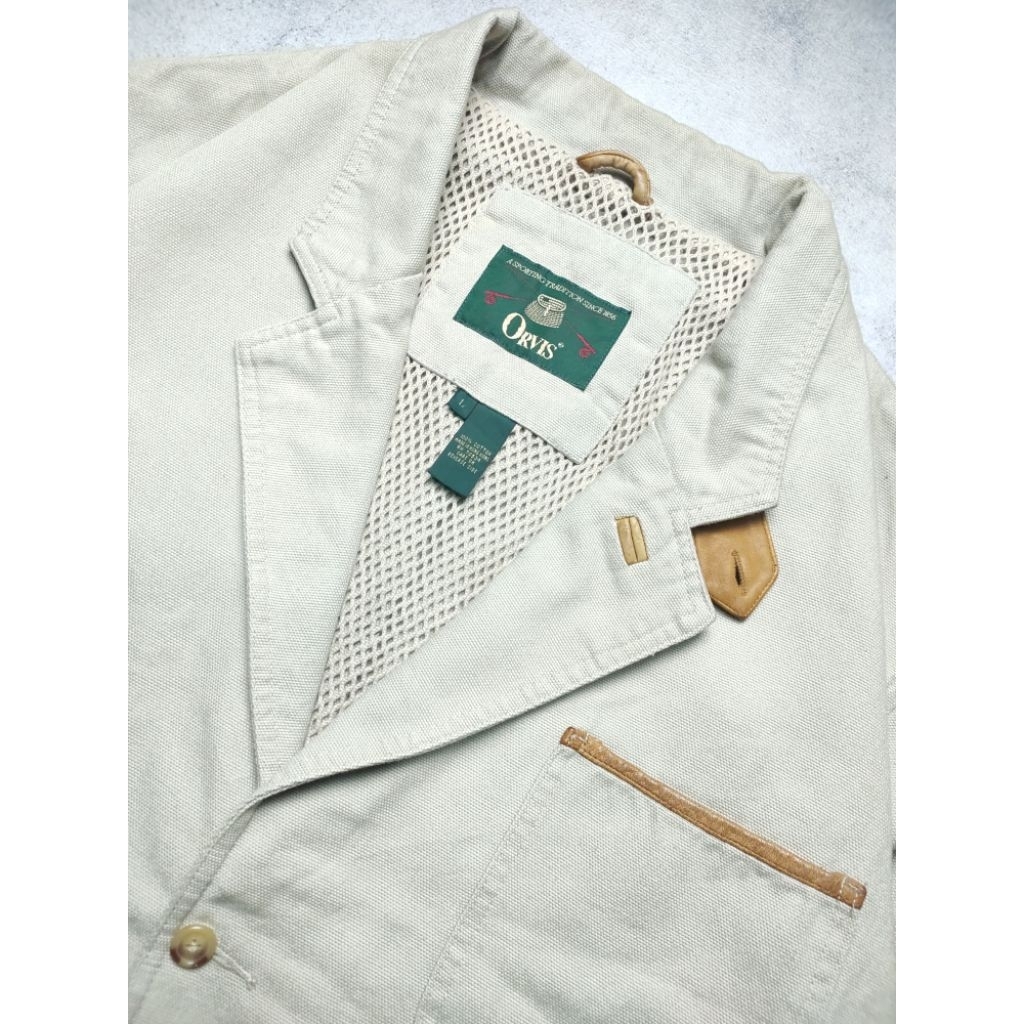 Vintage Y2K 90s ORVIS Zambezi Men Khaki Safari Barn Chore Over Coat Jacket Coat Elbow