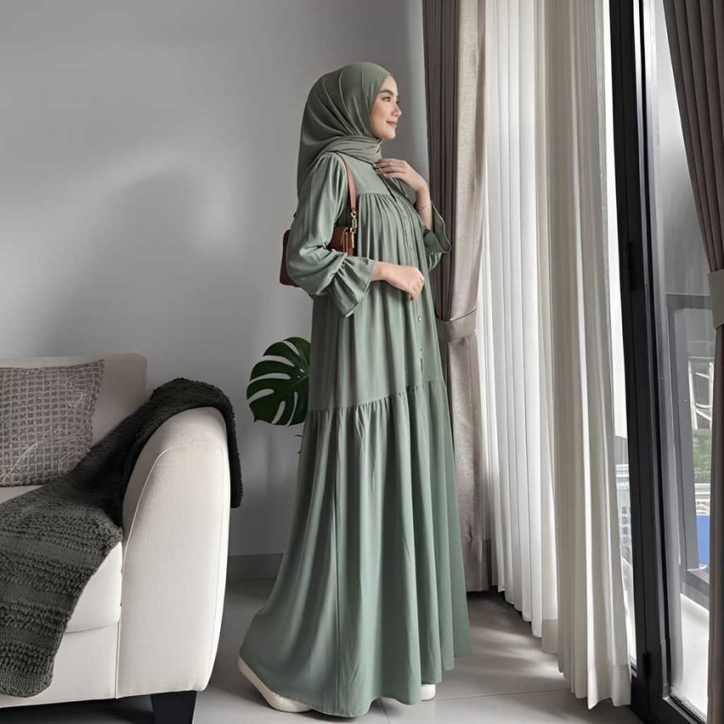 Nagita Dress - Gamis Polos Rayon Twil Premium - Gamis Kancing Busui & Lengan Balon - Bahan Lembut