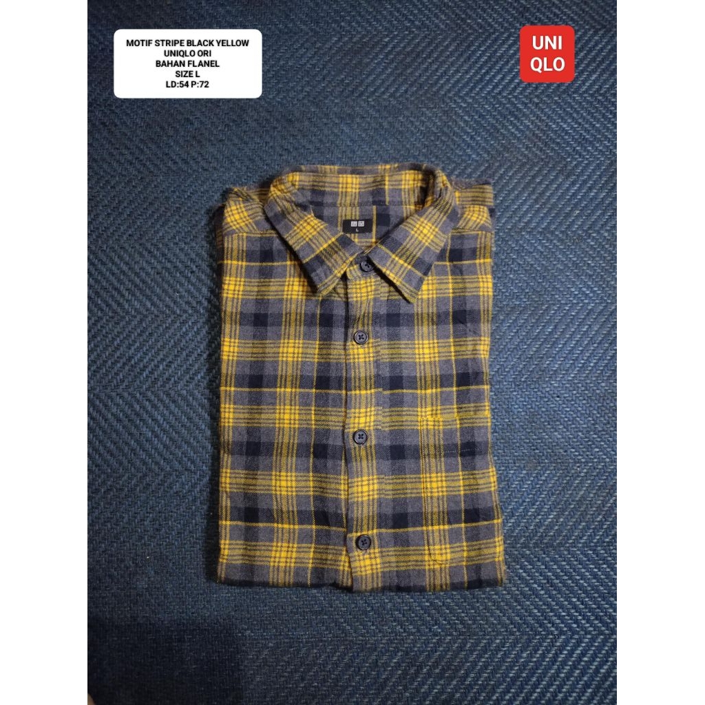 KEMEJA FLANNEL STRIPE KOTAK BLACk&YELLOW UNIQLO OR1 SIZE L