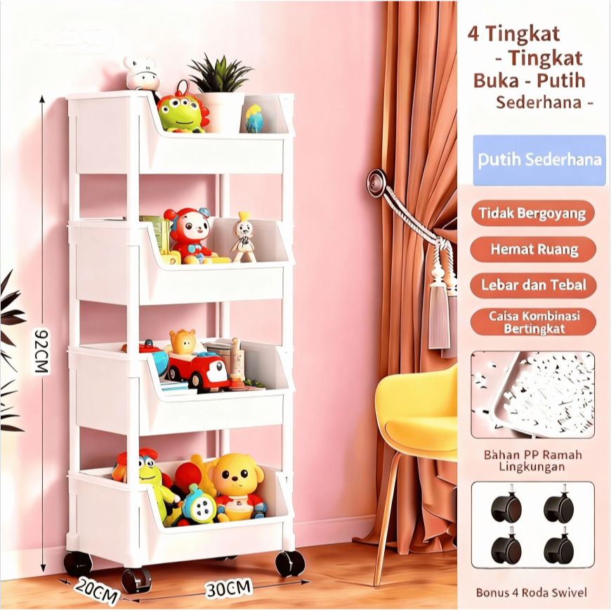Rak dorong multifungsi troli penyimpanan Plastik 4 Susun  dapur ruang tamu troli penyimpanan