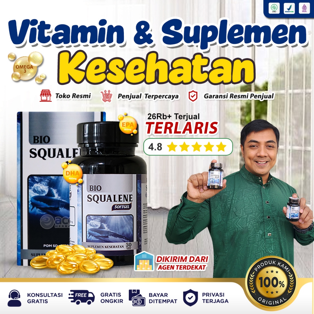 Vitamin Pria Wanita Minyak Ikan Omega 3 Bio Squalene Original Fish Oil EPA DHA BPOM Isi 30 Softgel