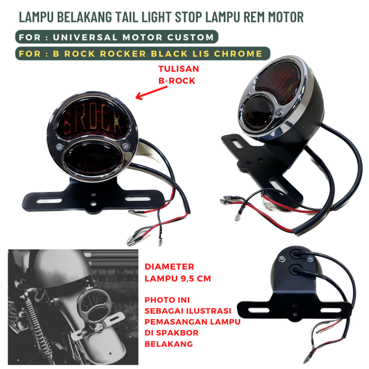 LAMPU BELAKANG STOPLAMP UNIVERSAL MOTOR CUSTOM B ROCK ROCKER BLACK LIS CHROME