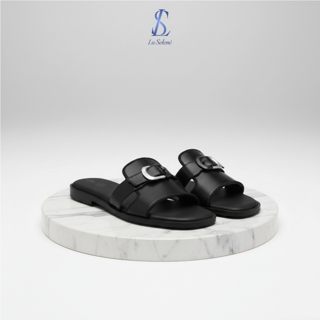 LaSelene - Zora Sandal Wanita Flat Sandal Slop Teplek Gesper Anti Slip L1 | Black Leather