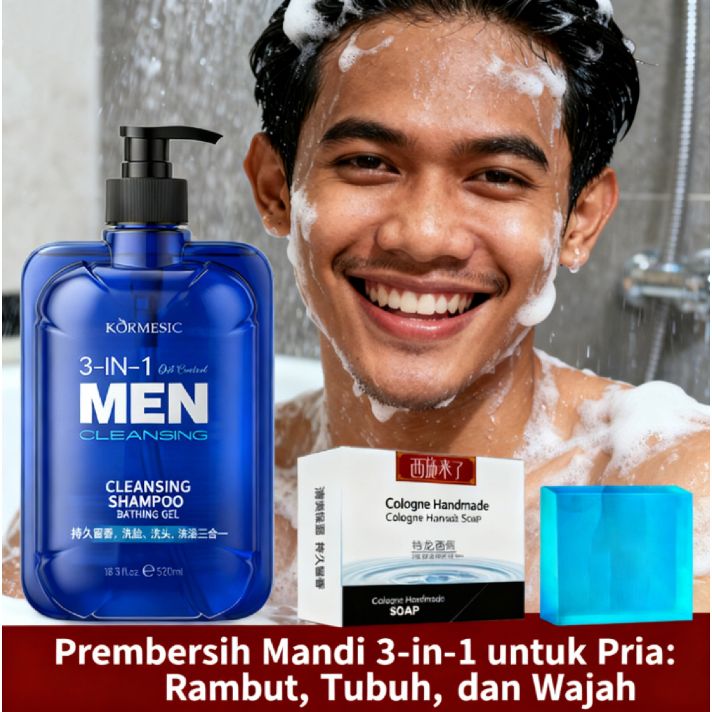 SABUN MANDI CAIR PRIA 3 IN 1 520ML - Sabun Wajah, Rambut & Badan, Kontrol Minyak, Antiketombe, Melem
