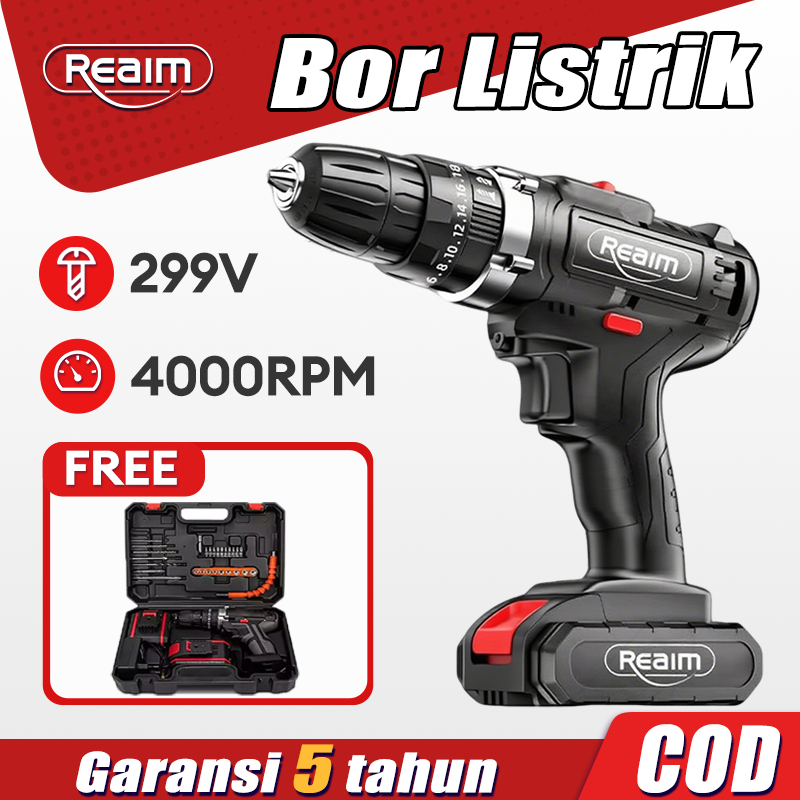 Reaim Bor Baterai 2In1 Obeng 350V Bor Listrik Set Lengkap Impact Baterai Bor Mini Cordless