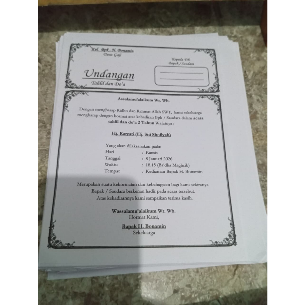 Undangan TAHLIL- YASINAN - Besar A4 F4 Custom 7 Hari 40 Hari 100 Hari 1000 Hari Walimah Aqiqoh