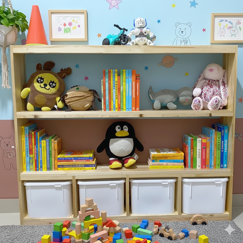 Rak Mainan Anak Minimalis 4 Box + Kabinet Atas /Rak Buku Serbaguna/Rak Trofast Buku Dan Mainan/Rak T