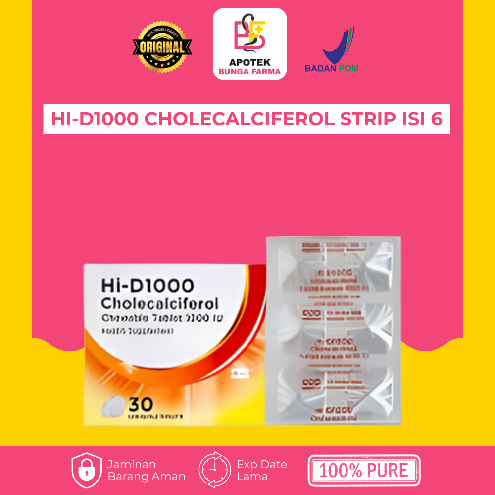 Hi-D 1000 / Cholecalciferol Strip Isi 6 - Vitamin D3 1000 IU - Kesehatan Tulang - Kemasan Strip
