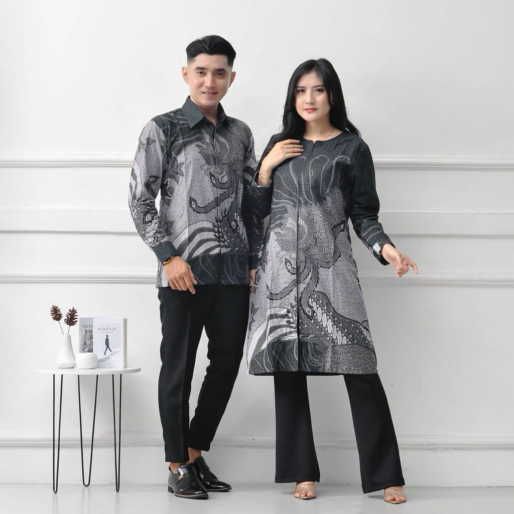 Batik atasan Couple pria lengan panjang dan wanita tunik kombinasi warna hijau Emeral bahan katun pr