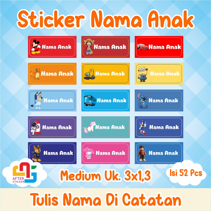 Sticker Nama Anak Custom Waterproof 52pcs | Sticker Nama Tumbler | Sticker Nama Anak Bento