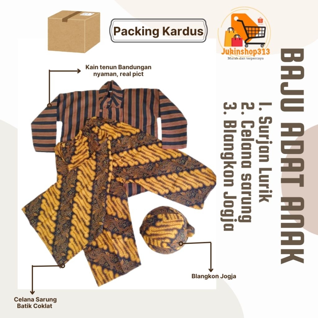 Baju Adat Anak Jawa ( Surjan + Celana Eblek Coklat + Blangkon Jogja ) Setelan Surjan Tenun Anak