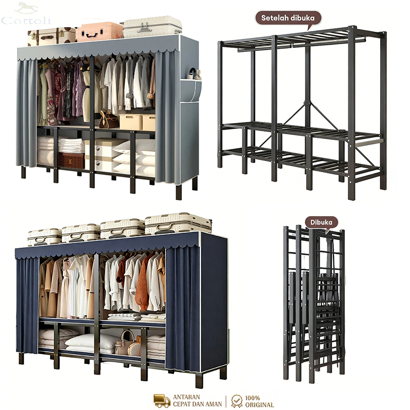 Cottoli 25MM Besi Lemari Pakaian Tidak Perlu Instalasi Penyimpanan Lipat Serbaguna Lemari Kain Porta
