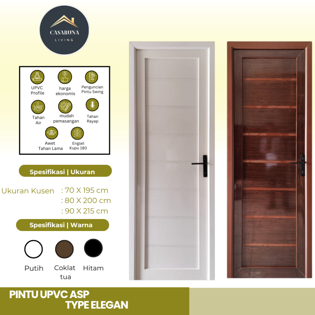 ASP Pintu UPVC type Elegan ukuran 70 x 195  pintu kamar mandi, gudang anti rayap komplit set