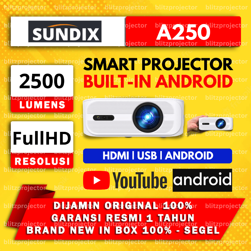Proyektor Sundix A250 2500 Lumens FullHD HDMI USB Youtube Netflix Garansi Resmi 1 Tahun