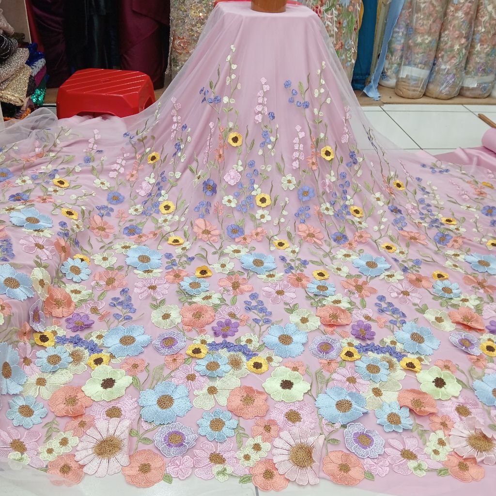 kain/bahan tile bordir garden 3D/bordir bunga timbul