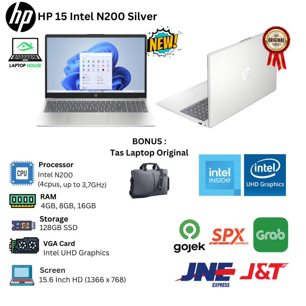 Laptop baru Hp 15 Intel Pentium N200  4Cpus 3,7Ghz