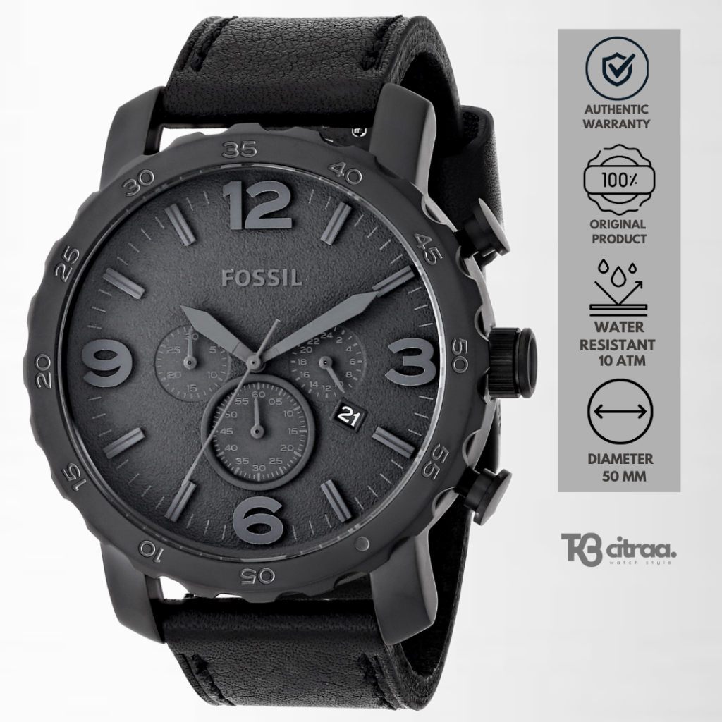 Jam Tangan Pria Fossil Nate Chronograph Kulit Black Sporty Original JR1354