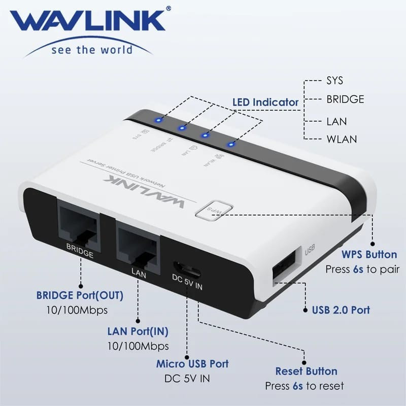 WAVLINK WL-NU516U1 WIRELES | WL-N7U2P11 USB 2.0 PRINT SERVER WIFI 2.4G 10/100Mbps