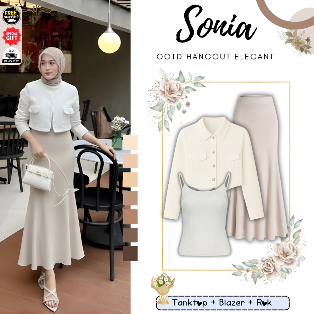 Sonia Setelan Remaja Kekinian [ Tanktop + Blazer + Rok Duyung ] Outfit Set Korean Style 3IN1 -D99