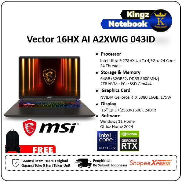 MSI Vector 16 HX AI RTX5080 Core Ultra 9 275HX 64GB 2TB SSD Win11+Office 2024 16" QHD+ 240Hz