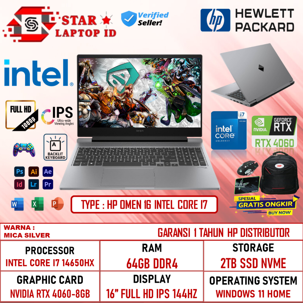 Laptop Gaming HP Omen 16 Intel Core i7 14650HX 64GB DDR5 2TB SSD RTX4060-8GB 16.1 Inch Full HD IPS 1