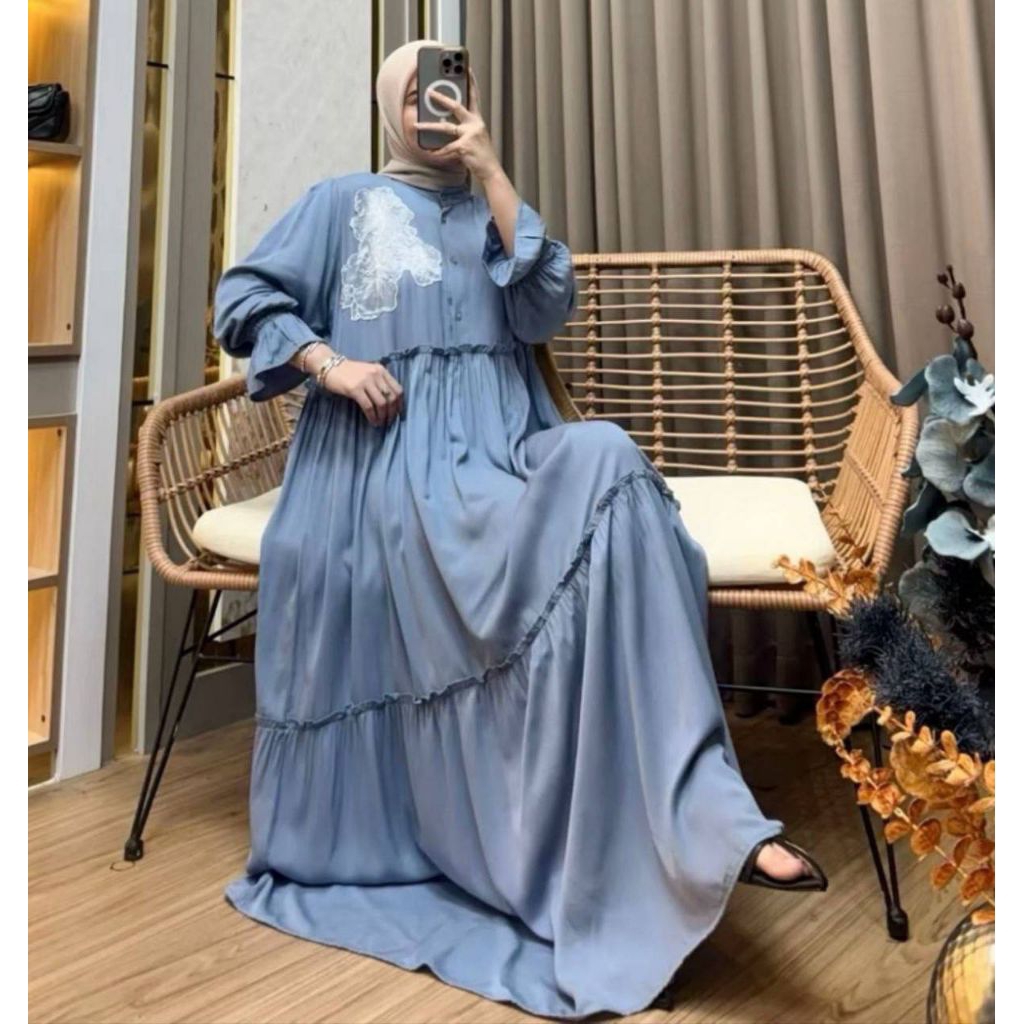 Gamis Organza Dress Gamis Bordir Polos Lengan Karet Balon - Gamis Muslimah Lebaran Maharani Dress Bu