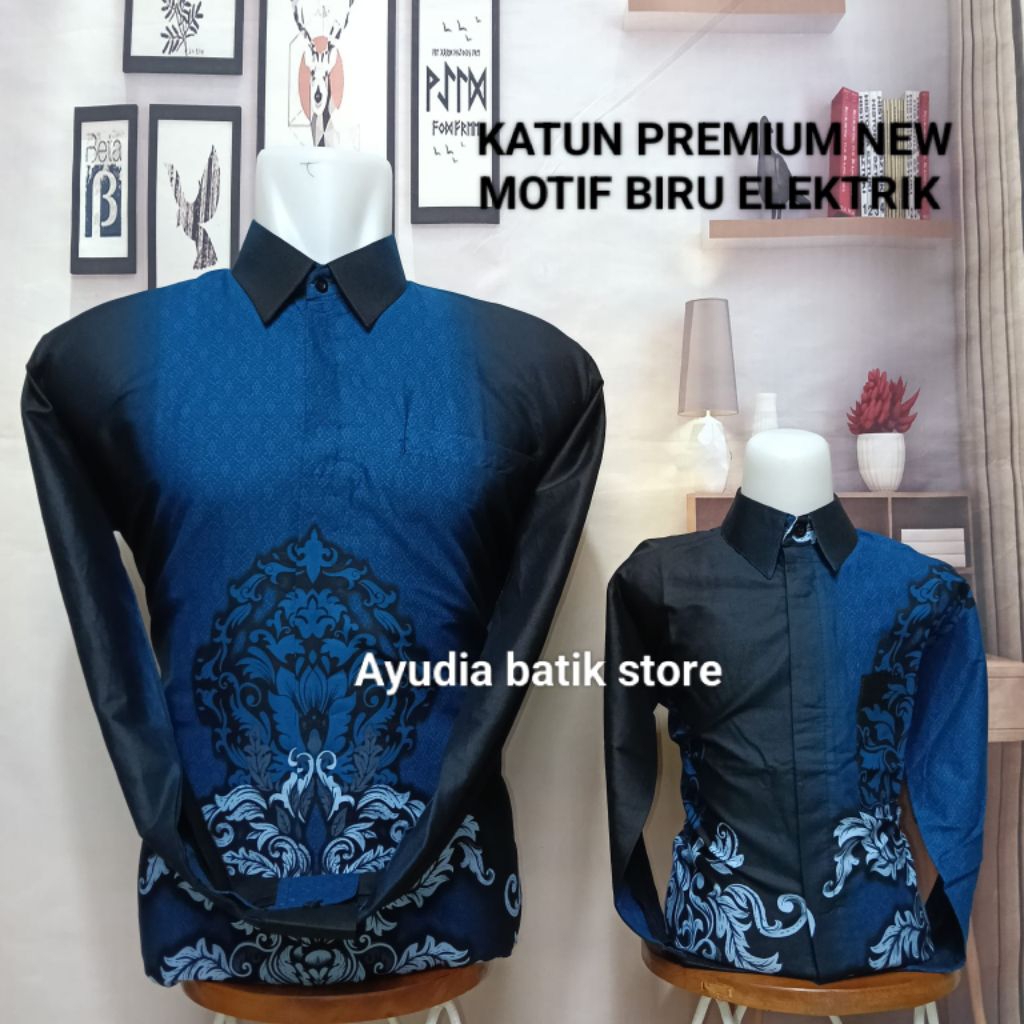 Batik Biru elektrik terbaru couple ayah dan anak bahan katun solo premium lengan panjang