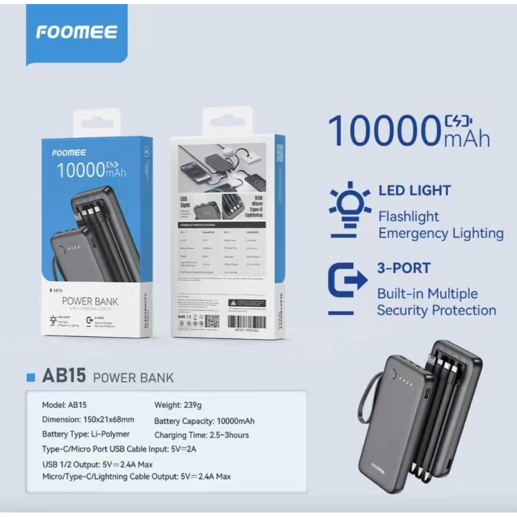 Powerbank Foomee NEW Produk AA11/AB11/AB15/AB21 10000-20000mAh 2.4A Quick Charging 4 Port