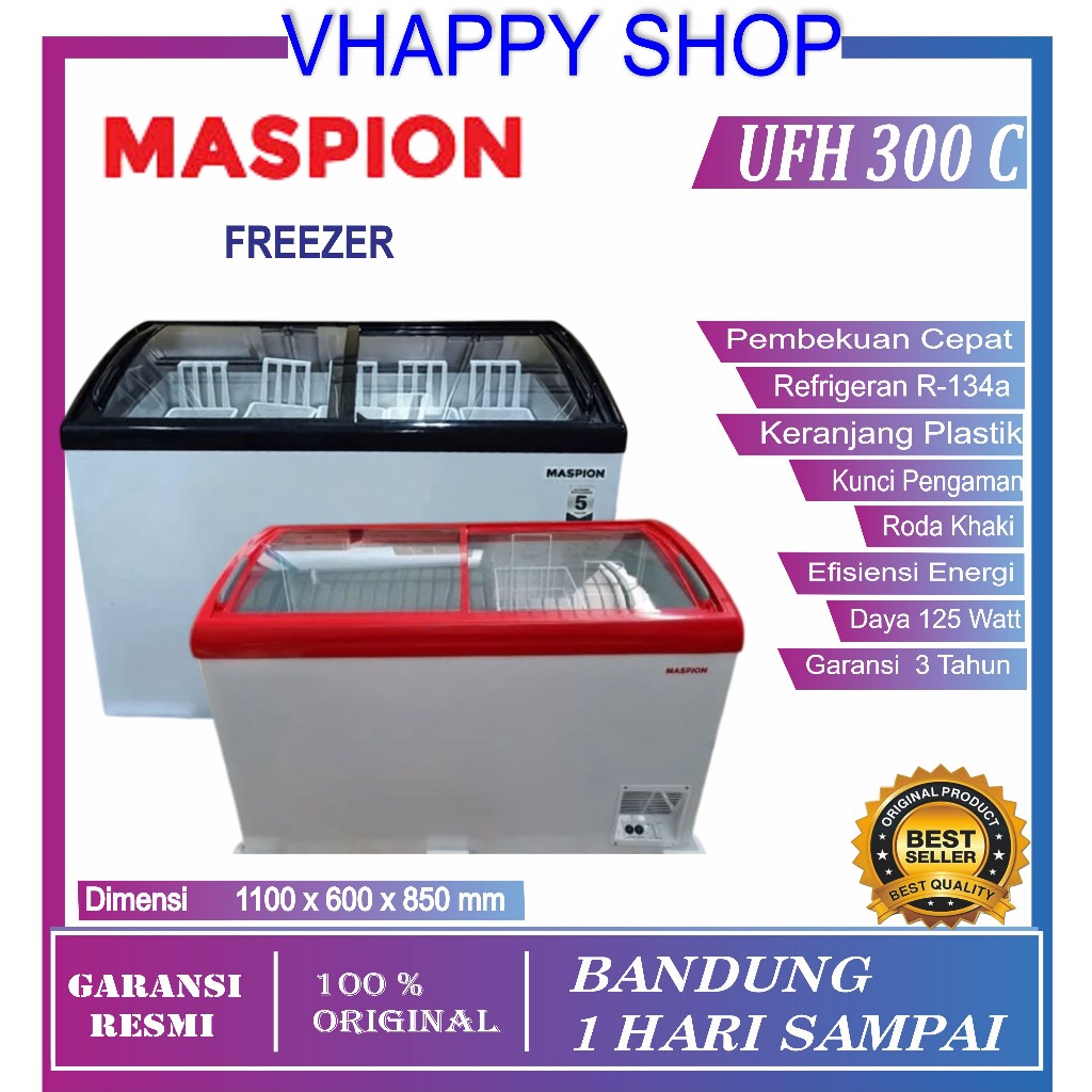 CHEST FREEZER BOX MASPION UFH 300C 300LITER GLASS COVER / FREEZER UCHIDA UFH300C / UFH 300 GARANSI R