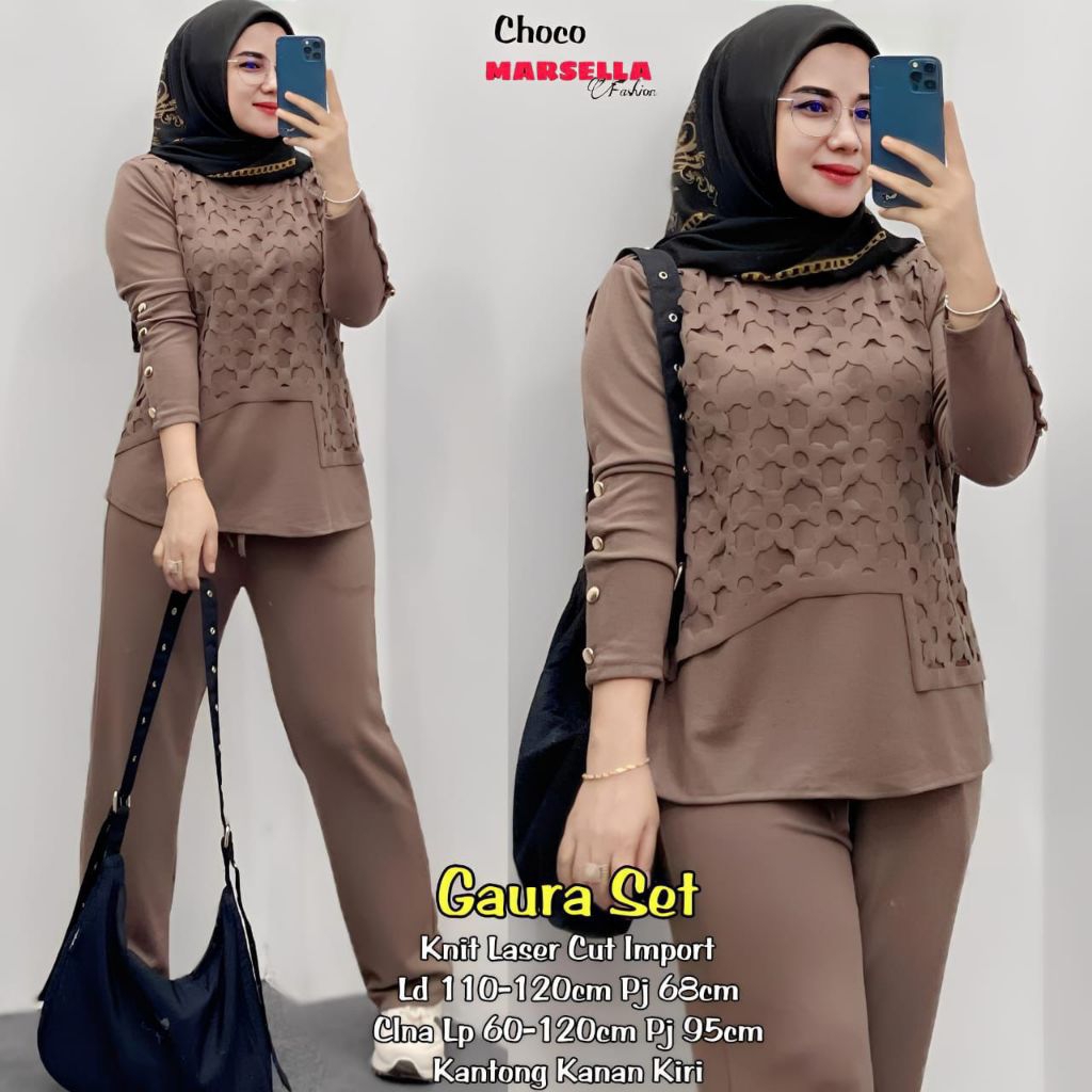 Setelan Wanita Gaura Set Knit Laser Cut Import | Atasan + Celana | Jumbo LD 120