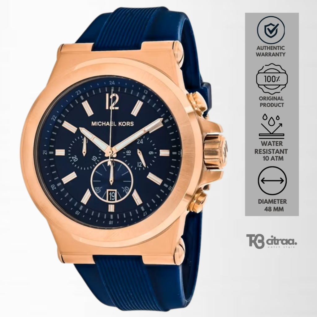 Jam Tangan Michael Kors Pria Dylan Chronograph Men Navy Blue Dial Blue Rubber Mewah Casual Sporty Or