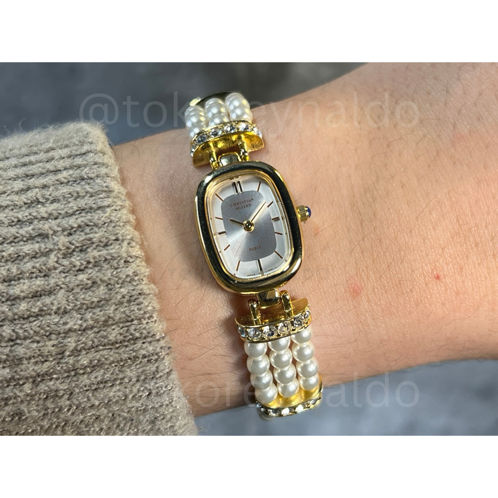 JAM TANGAN VINTAGE CHRISTIAN AUJARD PARIS OVAL PEARL BRACELET G0LD TONE SILVER DIAL LX1897
