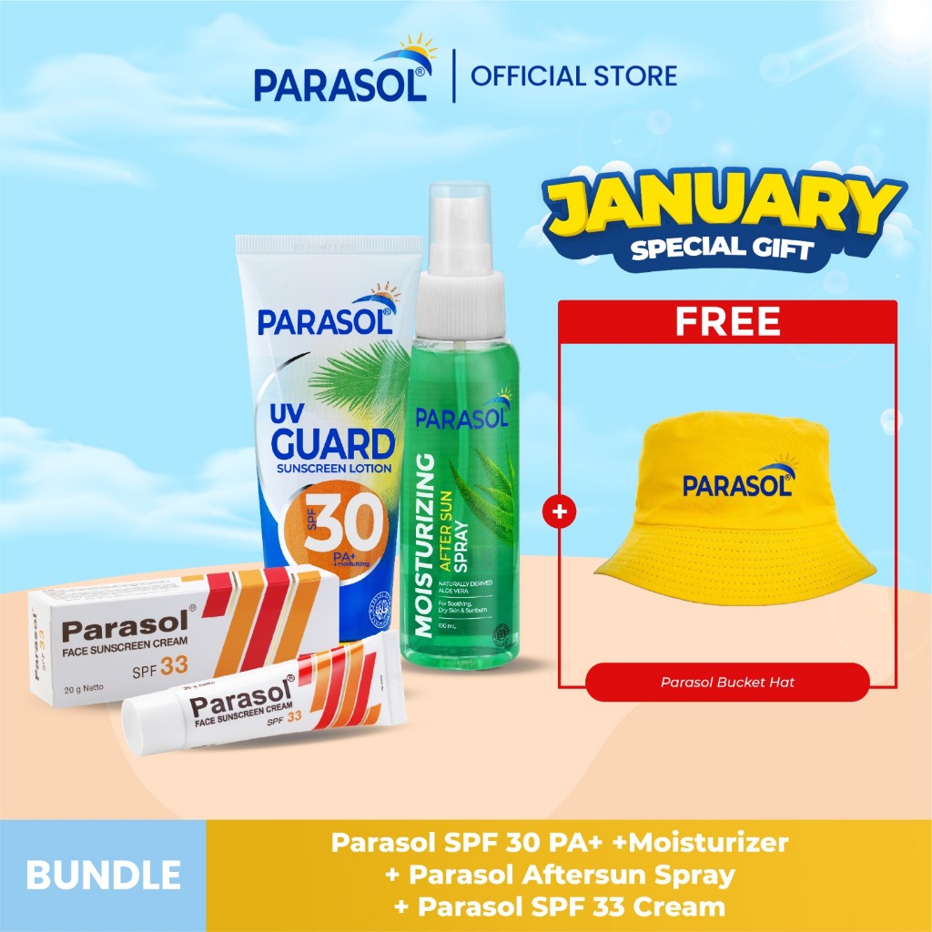 Paket Parasol Lotion SPF30 100gr + Parasol Cream Sunscreen SPF33 20gr + Parasol AfterSun Spray 100ML