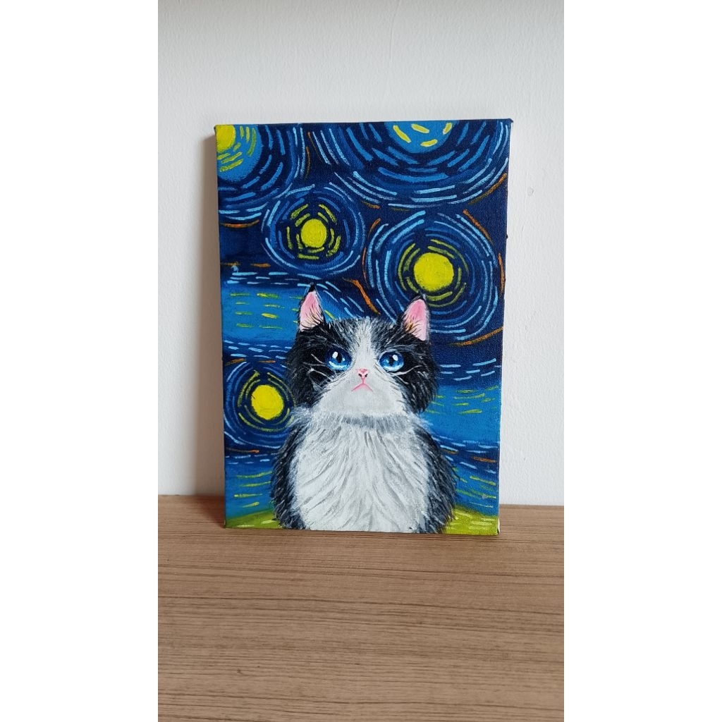 Lukisan Original Hand Painted Kucing Starry Night Acrylic on Canvas 21x30/A4 Pajangan Rumah