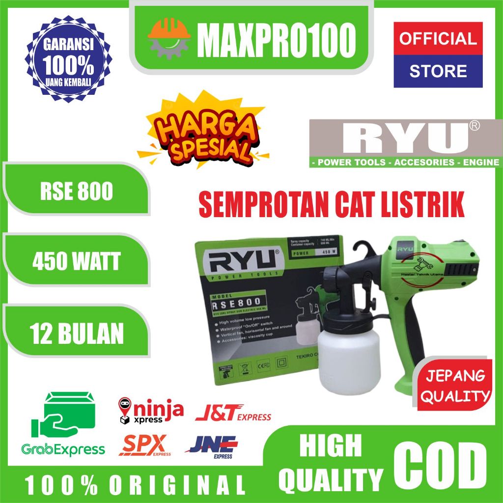 RYU RSE 800 Electric Spray Gun - Semprotan Cat Listrik 450W - Alat Cat Elektrik Tanpa Kompresor