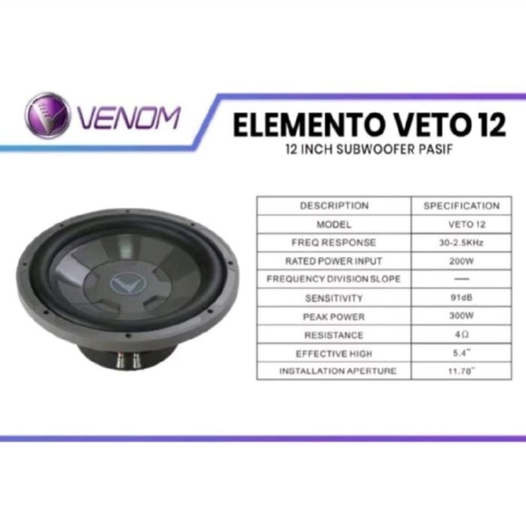 Subwoofer mobil 12 inch venom elemento veto-12 garansi resmi