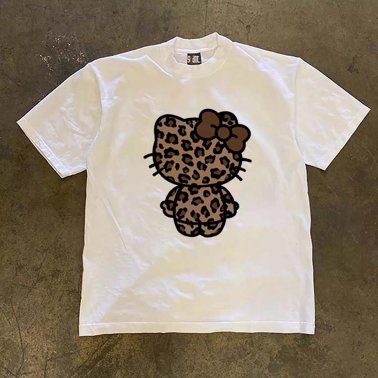 JJ.STORE Motif  bercorak leopard yang trendi ala retro Amerika Lengan pendek baju atasan wanita terb