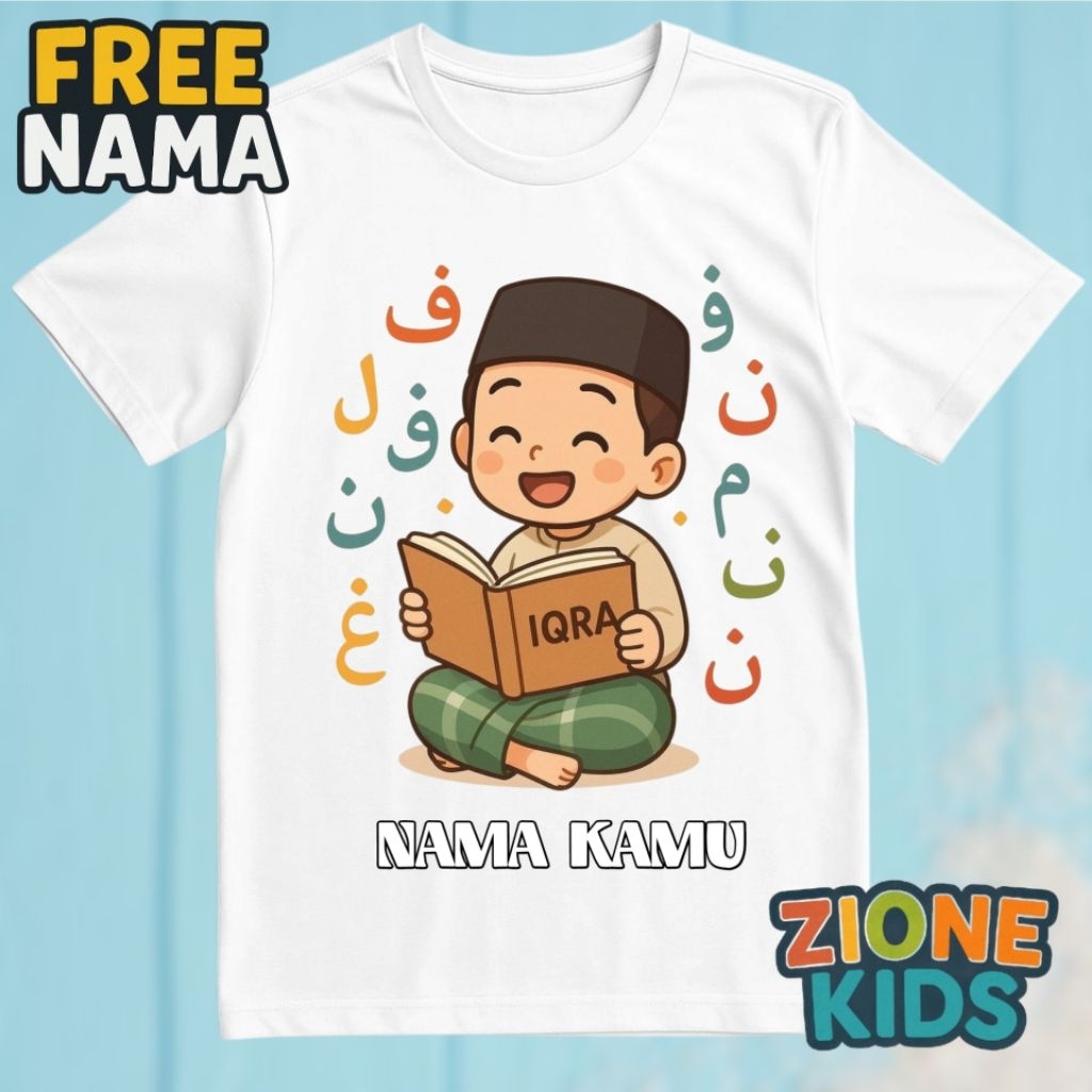 Kaos Anak Islami Lucu Iqra | Baju Muslim Anak Laki-Laki | Free Nama