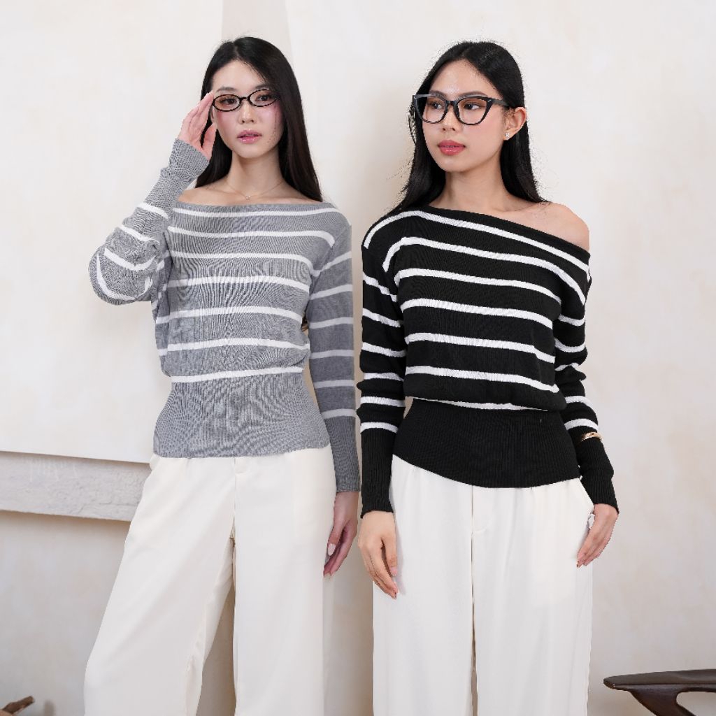 Sasha Stripe Rajut Baju Atasan Blouse Rajut Off Shoulder Wanita Motif Garis Lengan Panjang