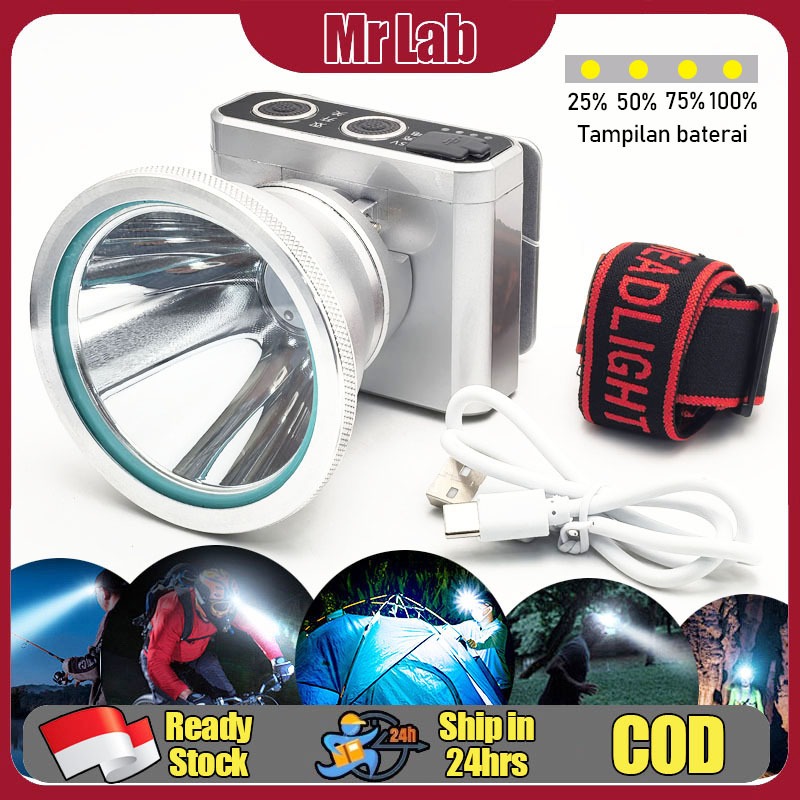 Senter Cas Super Terang Kepala Anti Air Jarak Jauh 60Watt Tahan 12 Jam Super LED Baterai Lithium Sup