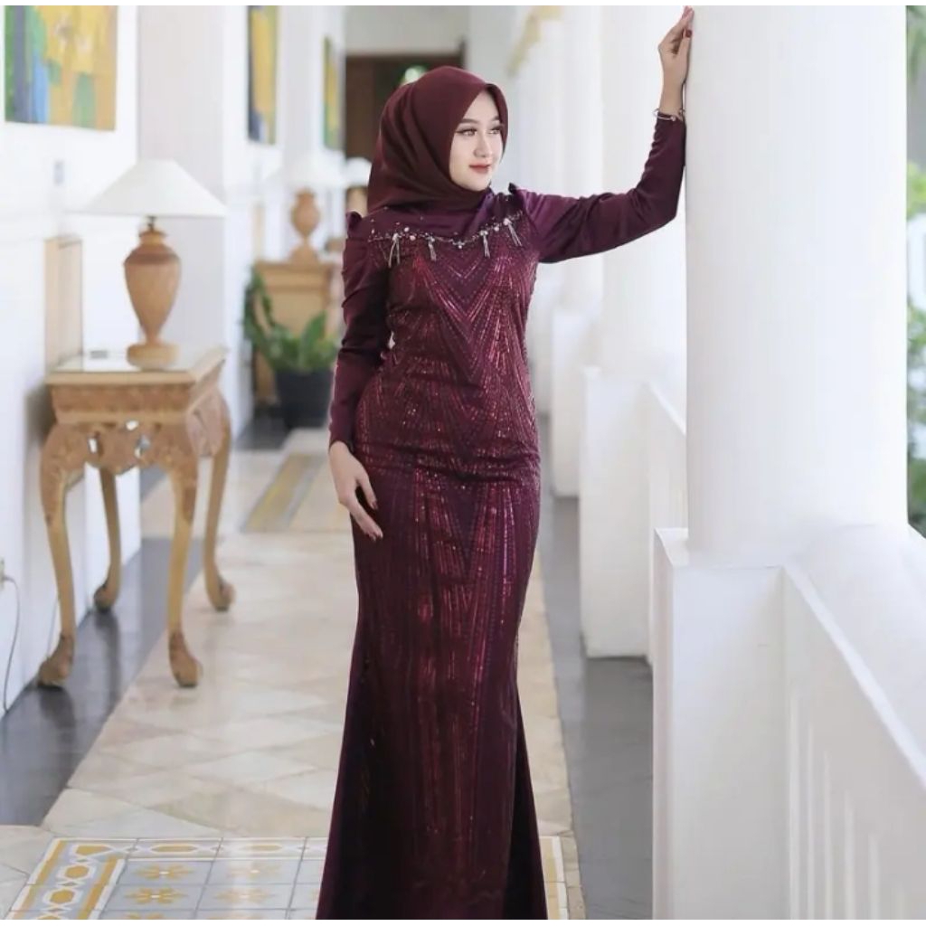 Aluna Dress Gamis Kondangan Wanita Remaja Bahan Velvet Mix Brukat Payet Mewah Elegan Muslimah