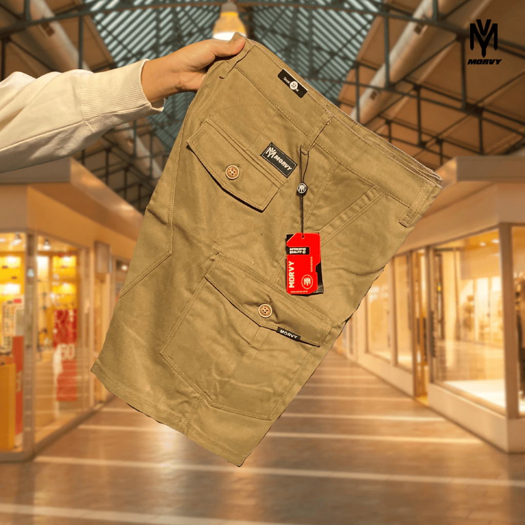 Celana pendek cargo MORVY model di atas lutut keren kekinian bahan cotton canvas