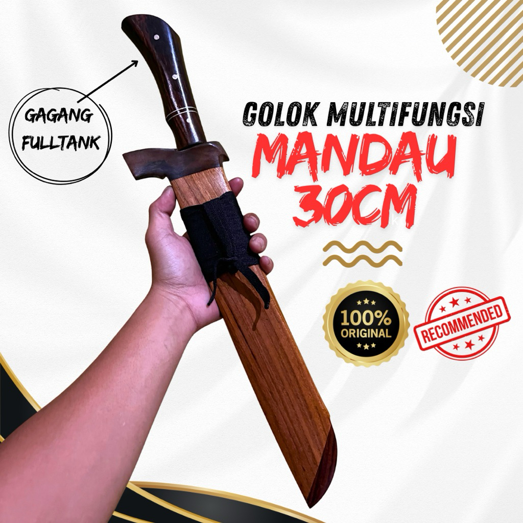 Golok Mandau Asli Baja Per 30cm Full Tang Anti Meleot | Perkakas Kebun Multifungsi Sarung Kayu Jati 
