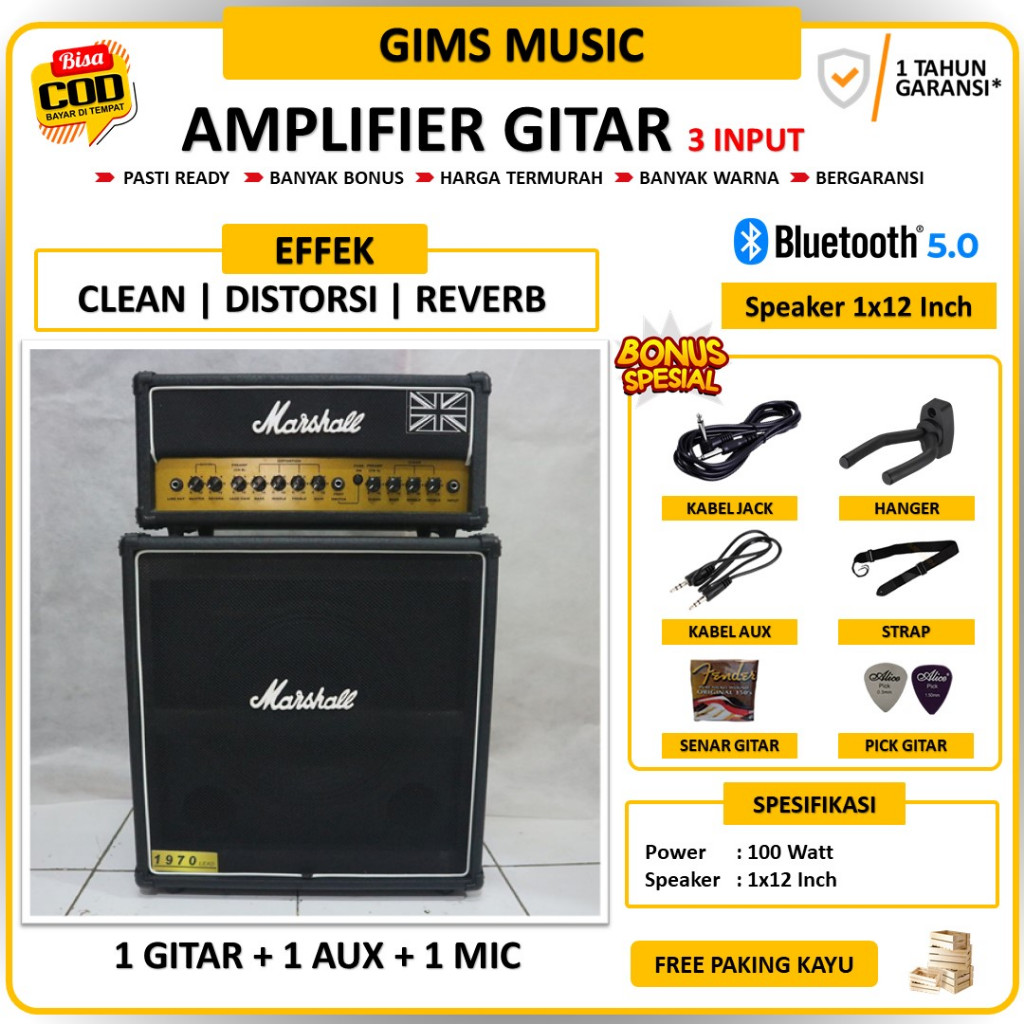 Ampli Gitar & Bass & Keyboard 12 Inch Bluetooth Bisa Untuk Karaoke Bonus Kabel Jack