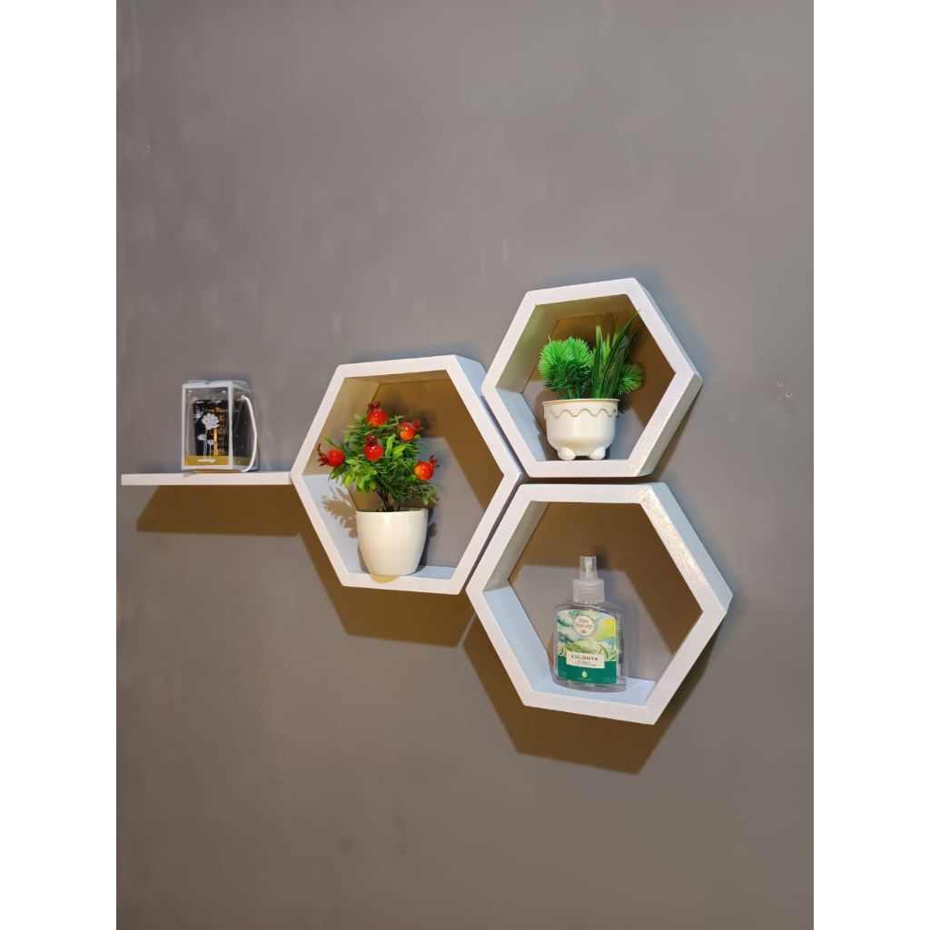 Hiasan dinding rak tempel hexagonal kayu solid