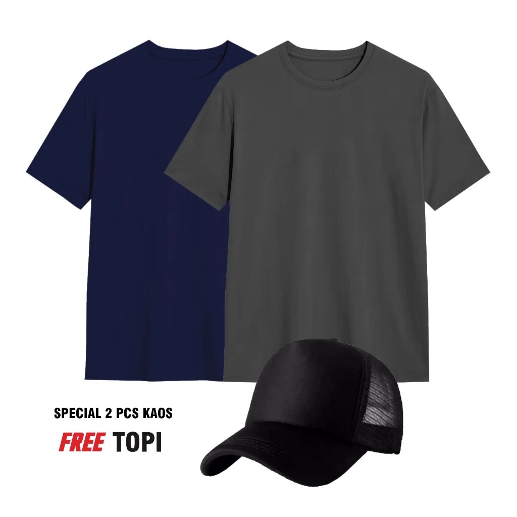 Bundling 2 Pcs + Topi (COD) Kaos Polos Navy-Abu tua Kaos Distro Pria-Wanita Terbaru Premium Quality