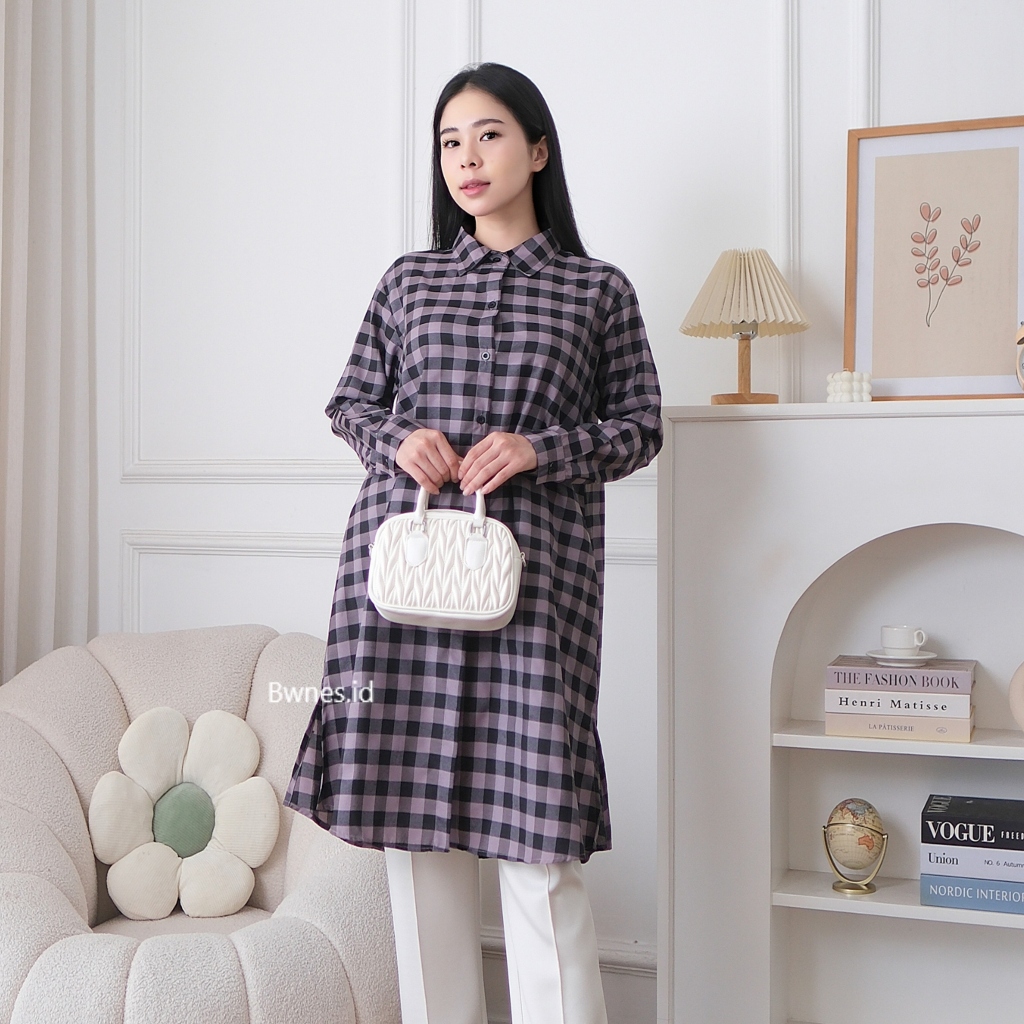 Tunik Wanita Motif Kotak Lengan Panjang Bahan Adem | Atasan Muslimah Casual Harian