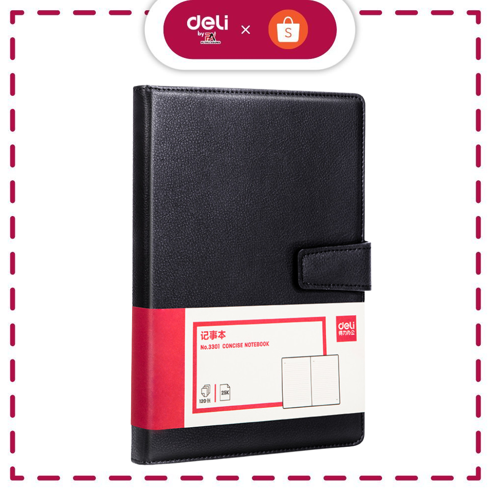 Deli 3301 Notebook Kulit 25K 120 Lembar Buku Catatan Kantor Cover Leather Hitam Premium