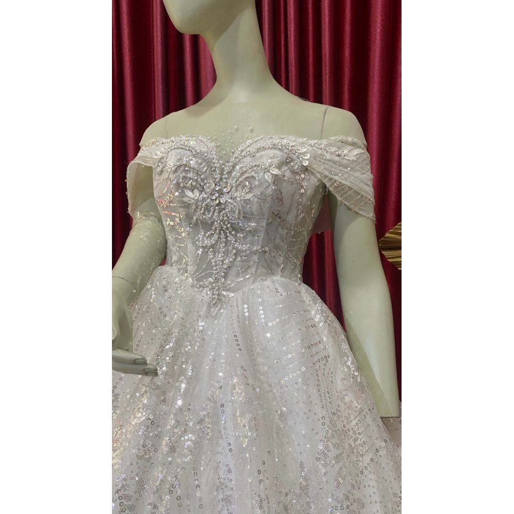 Gaun Pengantin Sabrina putih bersih 90